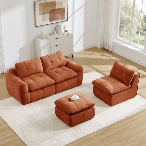 Sofá modular en L 264/160 cm naranja de chenilla con puf, sin montaje (1/5)