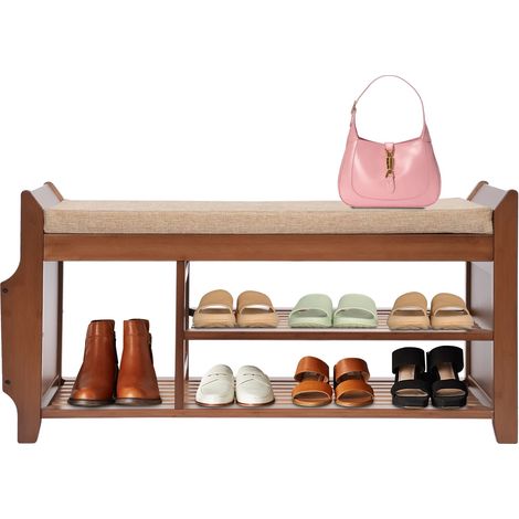 Banco para zapatos, material de bambú, 90 x 30 x 45 cm, capacidad de 10 kg por estante, capacidad total de 150 kg, diseño multifuncional. (1/5)