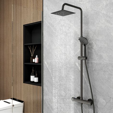 Colonna doccia con miscelatore termostatico, OCEAN Rubinetto termostatico tondo 280x40mm con Soffione Quadrato 20x20cm e Doccetta a 3 getti, Nero