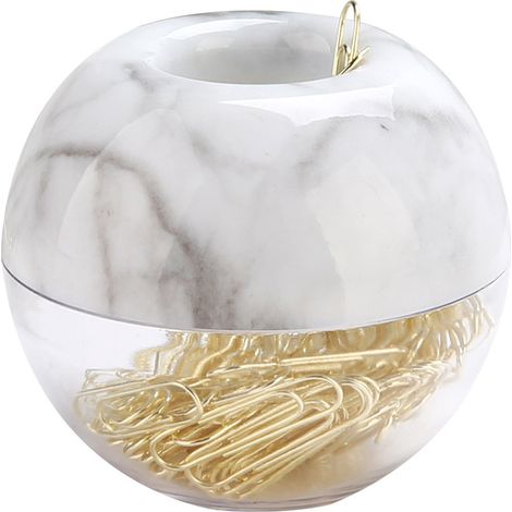Organiseur de trombones magnétiques, corps blanc marbré, livré avec 100 trombones dorés, 28 mm (1,1 pouce), fournitures de bureau mignonnes, une aide précieuse pour l'organisation du bureau. (1/5)