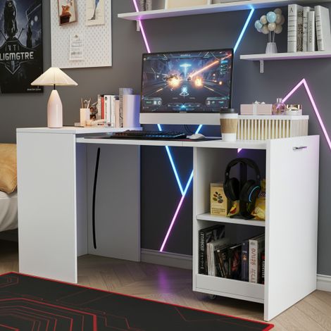 Table pliante multifonction 126×55×75 cm, combinant bureau et rangement, deux compartiments de stockage, haute résistance, blanc. (1/5)
