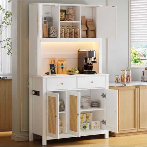 Credenza da cucina 100x40x180 cm, con LED RGB, prese integrate, 2 cassetti, ante in rattan, MDF bianco (1/5)