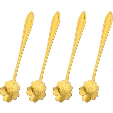 4pcs Inox Acier Fleur Cuillères 5 pouce Cerise Fleur Forme Café Cuillère Petit Cuillère Café Dessert Cuillère pour Expresso Sucre Gâteau, Or (1/5)