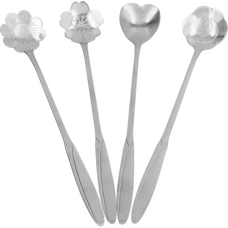 Cuillères à mélanger en forme de cœur et de fleur, en acier inoxydable, pour café, dessert et thé glacé (lot de 4), couleur argent. (1/5)