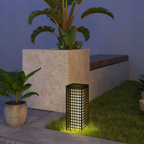 Lampada da esterno con pannello solare, accensione automatica, autonomia di 8 ore, effetto rattan, acciaio, 15,5 x 15,5 x 46 cm, nera