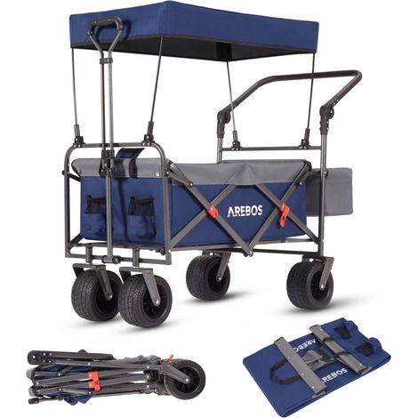 AREBOS Luxury outdoor utility wagon with canopy Folding Stroller cart trolley blue/gray (1/5)