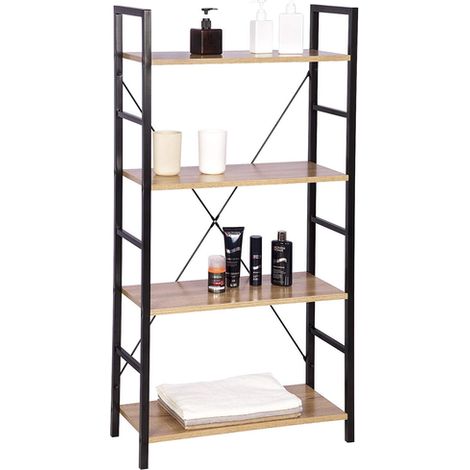 Libreria Scaffale in Metallo e Legno con 4 Ripiani Design Moderno Nero e Rovere (1/6)