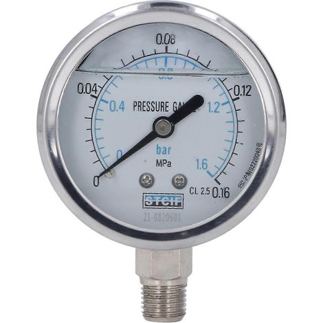 Stoßfestes, radiales Vakuummanometer aus Edelstahl für Industrie und Haushalt, 1/4 Zoll NPT, 0–0,16 MPa