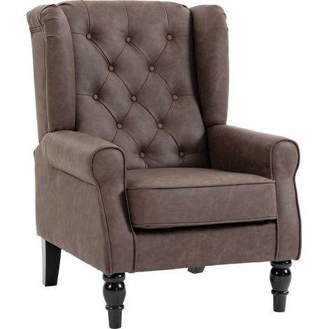 Poltrona Camera da Letto in Pelle PU con Ampia Seduta, Braccioli e Gambe in Legno di Eucalipto, Marrone (1/5)