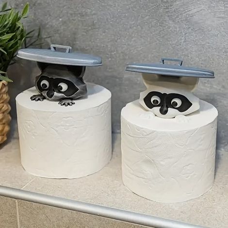 Lot de 2 porte-papier toilette en forme de raton laveur imprimés en 3D, adorables porte-mouchoirs décoratifs pour salle de bain avec couvercle (1/5)