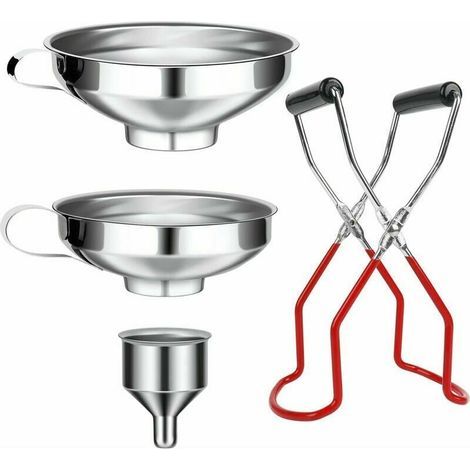 4-teiliges Set aus Trichtern, Edelstahl, polierte Oberfläche, Zangen, Vorratsgläsern, Küchenutensilien (1/5)