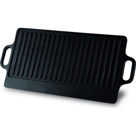 Plancha 42 cm en Fonte Utilisable des Deux Côtés, Noir, Idéale pour Gaz et Four, Dimensions 50,5 x 2 x 23 cm, Contenu du Packaging: 3, Parfaite pour Barbecue et Cuisine (1/5)