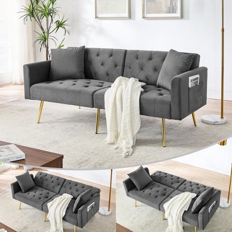 Canapé deux places moderne en velours, dossier réglable en 3 positions, 2 coussins inclus, pieds en métal robustes, doux et confortable pour salon, appartement en location, petit appartement, gris (1/5)