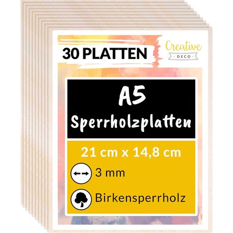 Creative Deco 30 x A5 Sperrholzplatte 3mm 148 x 210 (+/- 2) mm Holz Kunsttafeln Leinwand zum Bemalen Birkensperrholz Dünne