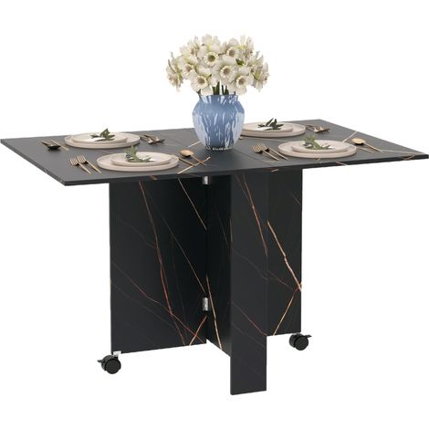 Table pliante cuisine table à manger pliable avec 2 abattants 2 roues avec freins 120 x 80 x 73 cm noir marbré imitation