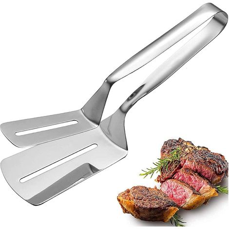 Pince barbecue multifonction en inox Pour steak, poisson, pizza 30cm avec fentes de drainage (Argent)