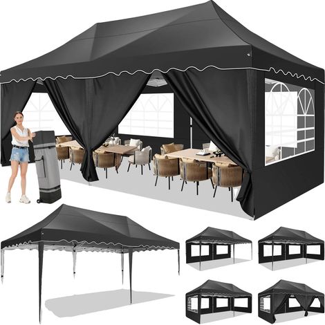 Tente Gazebo, Tissu Imperméable, Murs Latéraux Amovibles, Noir (1/2)