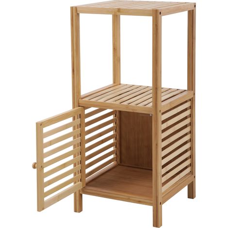 SVITA Badregal S mit Tür Badezimmerschrank mit Regal freistehend Natur Bambus