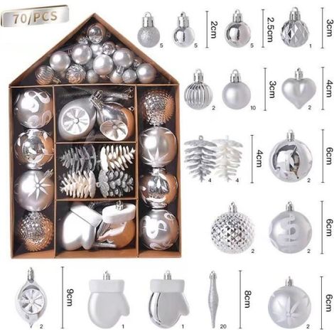 Boules Décoratives Noël - 70 Pièces Boules Suspendues Argentées - Pour Sapin de Noël Intérieur Extérieur - Lot Complet (1/4)