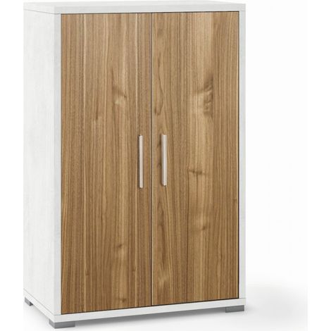 Meuble 2 portes 71 cm (L) x 41 cm (P) x 110 cm (H) – Finition blanc mat et noyer – Sarmog (1/4)