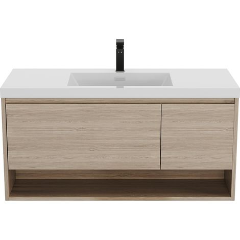 Meuble de salle de bain suspendu simple vasque coloris naturel clair avec robinet - 120 cm - PUJUKA (1/4)