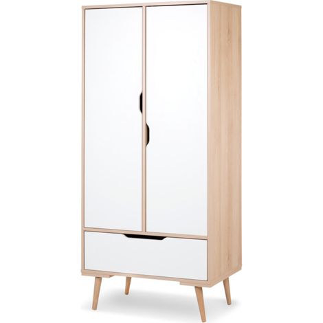 Armoire enfant avec tiroir 80x52x180 cm – Fabriquée en aggloméré et hêtre – Design bois blanc et naturel – Meuble à monter soi-même