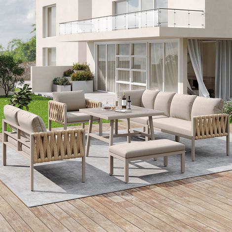 Ensemble mobilier de jardin en corde canapé d’angle cadre fer galvanisé pieds réglables. Table verre trempé avec tous coussins inclus,beige.