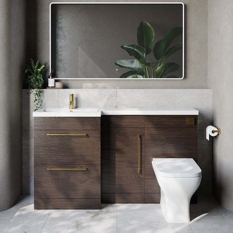 Napoli 390 Brown Oak 1500mm 2 Drawer Vanity Unit Toilet Suite with Left Hand Square Lucia Basin - 1500mm - Brushed Brass 320mm HandleWith Kingston Toilet Pan and Seat