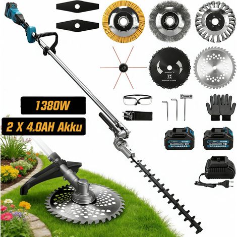 2-En-1 Taille-haie électrique et Debroussailleuse 2×4,0Ah 1380W 18800RPM Sans fil, Moteur Sans Balais, 7 Types de Lames, Coupe 165°/44 cm, Longueur 155-210 cm, Coupe-Bordures Compatible Makita 18V