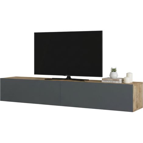 Dmora - Mobile porta TV Thebe, Credenza da soggiorno, Armadio basso per TV, Base parete attrezzata, 180x32h30 cm, Quercia e Antracite, con imballo rinforzato, con imballo rinforzato