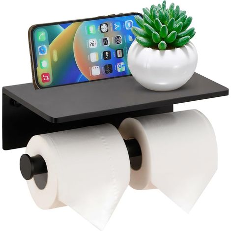 Double rouleau de papier toilette avec étagère, distributeur de mouchoirs mural en acier inoxydable pour salle de bain (noir) (1/5)