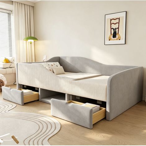 Lit enfant 90x190 cm avec 2 tiroirs, barrières de sécurité, sommier à lattes, velours gris (1/5)