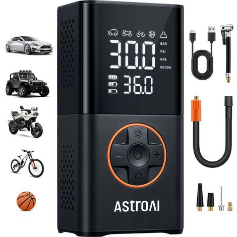 Compresseur À Air Portatif - 150 PSI - Écran Numérique Double Affichage - Batterie Intégrée 4000 mAh - Pour Voitures Motocyclettes Vélos Ballons - 1 Pièce (1/5)