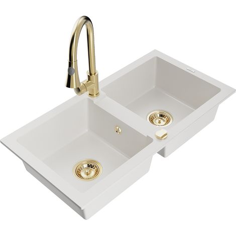 Mexen Mario fregadero de granito de 2 senos con grifo de cocina Elia, blanco - 6504-20-670101-50 (1/5)