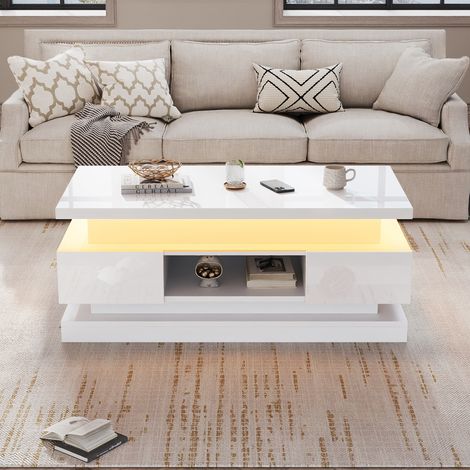 Mesa de centro elevable 100x50x40 cm blanca en tablero de partículas con LED, 2 cajones y almacenaje oculto