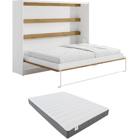 Vente-Unique – Lit escamotable 140 x 200 cm – Ouverture horizontale manuelle – Avec LEDs – Blanc naturel – Matelas mousse mémoire de forme 18 cm