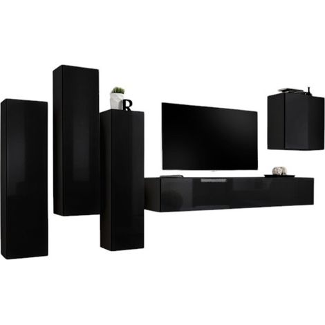 Ensemble meubles salon SWITCH III – Noir brillant – Meuble TV et rangements suspendus design