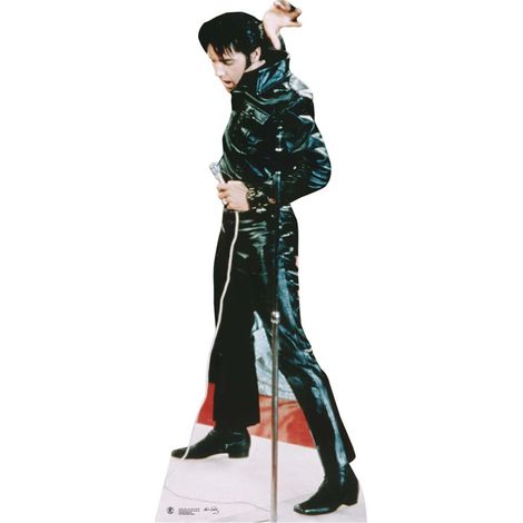 Figurine en carton Elvis Presley tout en cuir noir qui brille avec micro -H 184 cm (1/5)