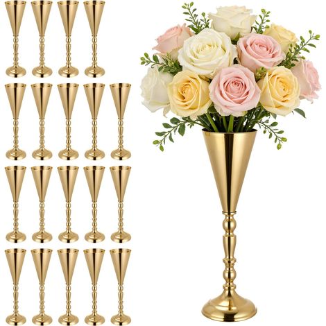 Vase de Mariage Métal Lot de 20 Vase de Centre de Table Hauteur 43 cm Support pour Compositions Florales, Banquets de Fêtes, Décoration Intérieure, Forme Trompette, Finition Dorée (1/5)
