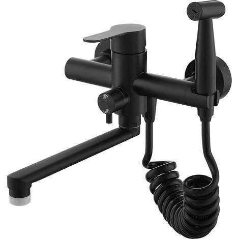 Schwarzer Wand-Küchenarmatur, Wand-Küchenarmatur mit Brause, Edelstahl 304 in Lebensmittelqualität und 2 Arten von Wassersprühbecken, 360° drehbare Wandmischbatterien (schwarz) (1/5)
