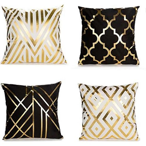 Lot de 4 taies d'oreiller carrées douces et duveteuses QLPFS, motif géométrique doré, compatibles avec canapé, lit et fauteuil. Décoration intérieure. (1/5)