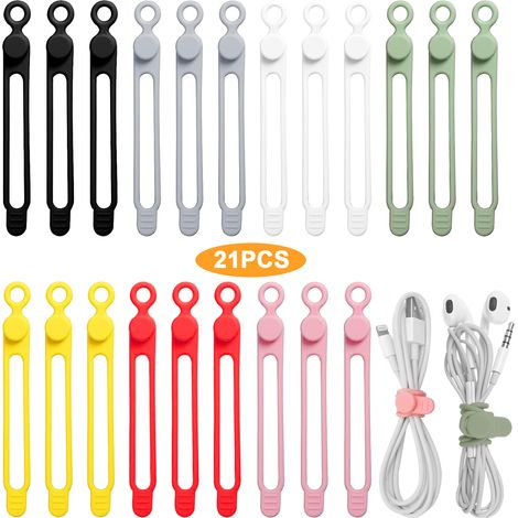 Attache-Câble En Silicone - 21 Pièces - Réutilisable - Pour Gestion Câbles Maison Bureau École Cuisine - Noir Blanc Rose Vert Jaune Rouge Gris (1/5)