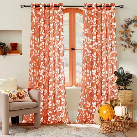 Rideaux Voilage Fenetre Orange Rouge Salon Moderne Lot de 2 Panneaux de Rideaux Intérieurs, 140x225 CM, Rideau en Voile Transparent Motif Imprimé Feuilles à Oeillets pour Chambre Adulte (1/5)