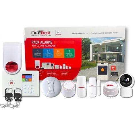 Kit alarme maison sans fil 4G – Sirène intérieure 110 dB – Sirène extérieure 120 dB – Détecteurs de mouvement et d'ouverture inclus – Lifebox