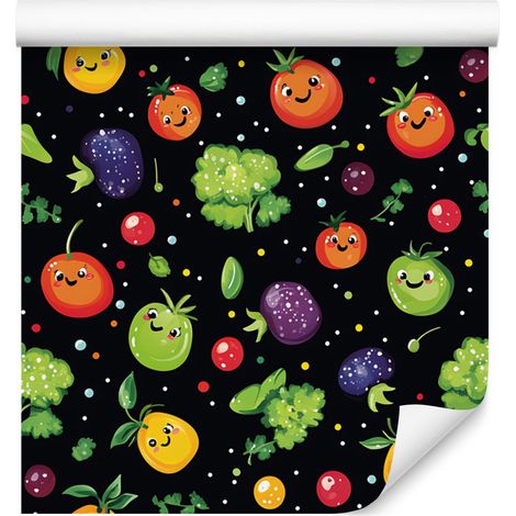 Carta da parati Kawaii con verdure, nera, verde bottiglia e verde lime, 50x1000 cm (1/4)