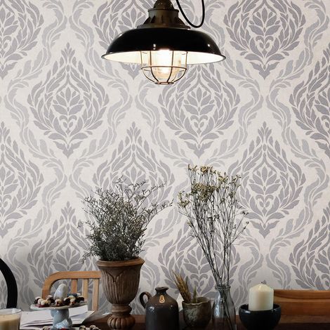Papier peint baroque intissé beige & argent salon | Tapisserie baroque salle à manger grise | Papier peint intissé séjour damassé (1/3)