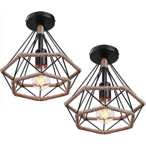 U-Do 2Pcs Plafonnier forme Diamant Lampe de Plafonde Luminaire en Corde de Chanvre en Métal design Vintage pour Salon Couloir (1/4)