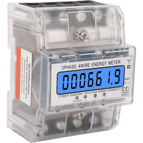 Compteur d'énergie triphasé 4 fils, écran LCD rétroéclairé, montage sur rail DIN, 10-100 A, 230-400 V CA