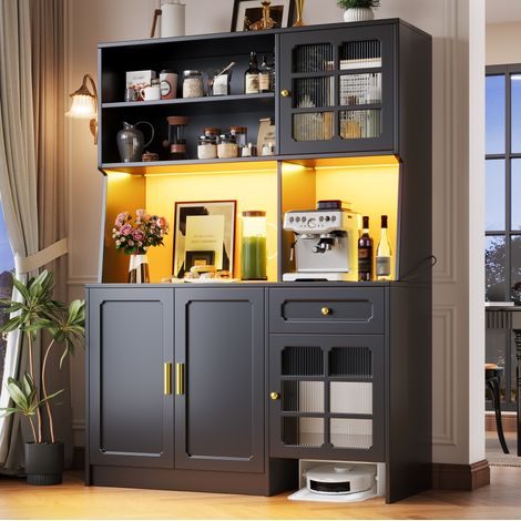 Buffet haut 130x45x180 cm en bois et métal noir, avec rangement pour cuisine FloraGrace (1/5)