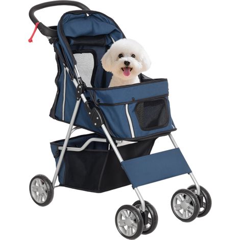 Petit chariot pour chiens avec auvent ajustable, porte-gobelet et roues 75 x 45 x 97 cm bleu foncé, panier de rangement